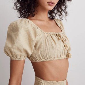 NWT Madewell Dobby Tie-Front Puff-Sleeve Supercropped Top XXS